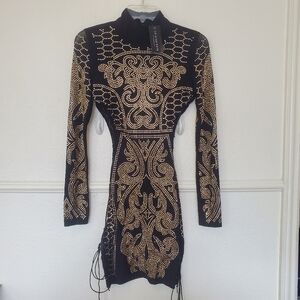 Fashion Nova Dress Dynasty Studded Black and Gold Embellished Dress